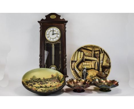Mixed Lot of Collectables comprising two carnival glass dishes, two Guildcraft ware molded wall plaques and a modern wall clo