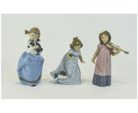 Nao by Lladro Figures ( 3 ) In Total. 1/ Girl with Violin, 7.5 Inches High. 2/ Playful Puppy, 6.75 Inches High. 3. Girl with 