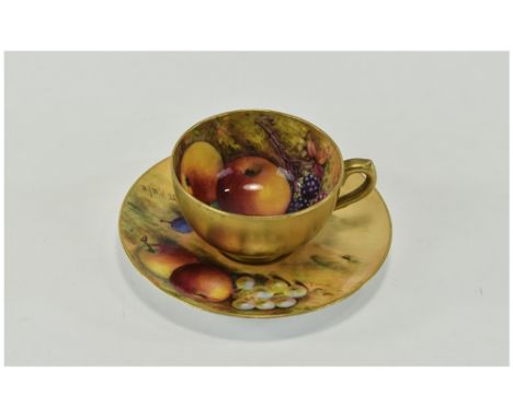 Royal Worcester Fine Hand Painted Miniature Cup and Saucer ' Fallen Fruits ' Apples and Berries Stillife. Signed W. Hale, Dat