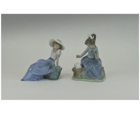 Nao by Lladro Figures ( 2 ) In Total. Young Girls with Animals and Bird. Both Figures are In Mint Condition. Sizes 6.5 & 7 In