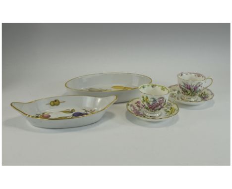 Two Boxed Royal Albert Cups & Saucers "Dawns Glory" And "woodland Welcome" Together With Two Royal Worcester Evesham Dishes