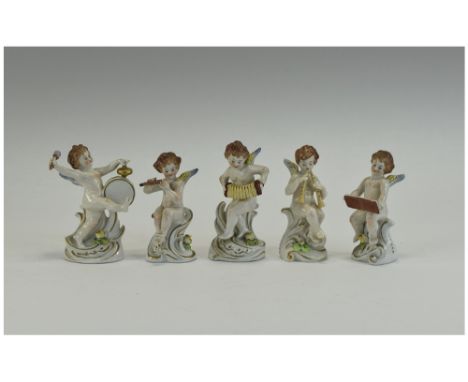 Capo-Di-Monte Collection of Hand Painted Porcelain Figures - A ( 5 ) Piece Cherubs Musical Band, Each Figure Playing a Musica