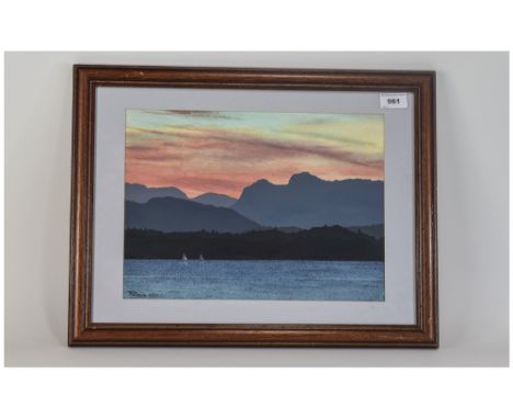 R Wells Framed And Glazed Watercolour Depicting A Sunset Signed And Dated Bottom Left 10 x 14 Inches