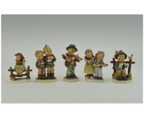Hummel Figures 5 in Total- Various Subjects. 1. Just Resting 4.25 Inches High. 2. Playing the Violin 5 Inches High. 3. Happy 