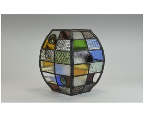 A Nice Quality Vintage and Stylish Shaped Leaded Multi-Coloured Glass Lantern Shade. 9 Inches Wide, 12.25 Inches High. No Dam