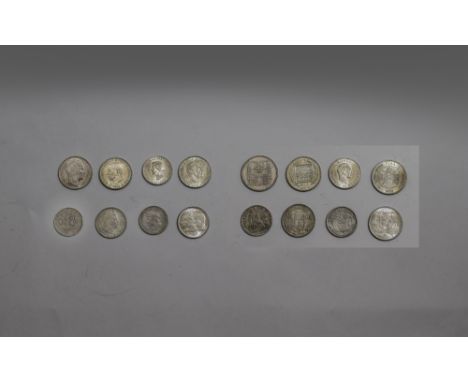 A Collection of Eight European Silver Coins. All In Top Graded Condition. 1/ Peru 1/2 Sol Silver Coin, Date 1907. 2/ French 2