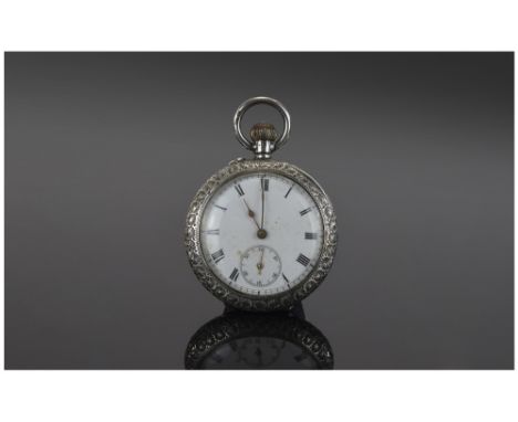 Ladies 1920's Keyless Very Fine Engraved and Ornate Silver Fob Watch With Porcelain Dial. Excellent Condition and In Working 