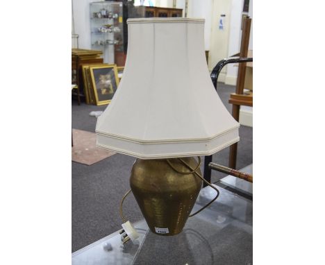 Modern Decorative Table Lamp, Slightly Planished Copper Base With White Shade. 