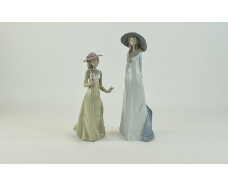 Nao by Lladro Tall Figures ( 2 ) In Total. Titles 1/ A Stroll In The Park, 12.5 Inches High. 2/ In Pensive Thought, 10.25 Inc
