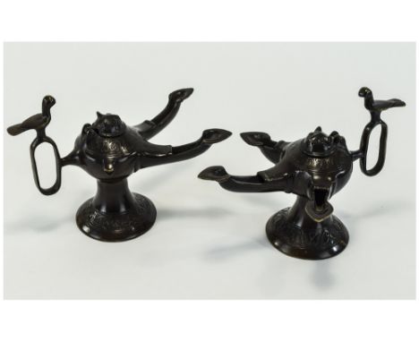 Pair Of Bronzed Egyptian Style Aladdin Lamp Oil Burners
