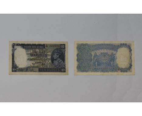 Reserve Bank of India George V - Portrait Ten Rupees Bank Note, Signed J.B. Taylor, Serial Number E82 00274. Extremely Fine C