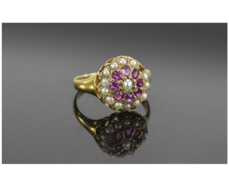 Victorian- Ladies 15ct Gold Ruby and Seed Pearl Ring. Hallmarked- 625 Birmingham 1871. Nice Quality Ring. Good Clear Hallmark