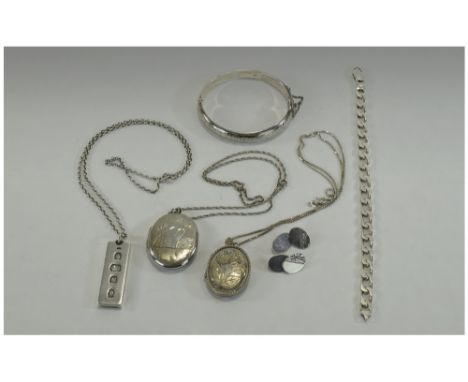 A Collection of Silver Jewellery. Six Items in Total. Fully Hallmarked. Comprises Two Silver Lockets and Attached Silver Chai