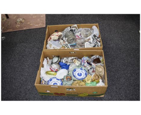 Two Boxes Of Misc Pottery, Comprising Glass, Trinkets, Dishes, Lamp Shade etc