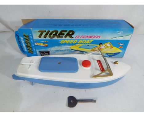 Sutcliffe Models - A Sutcliffe Models 'Tiger' clockwork speedboat with light blue hull, white deck, red bung and 'Tiger' deca