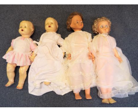Dolls - four vintage dolls, tallest approximately 79 cm (h), two marked to the back of the neck British Made with an M in a s