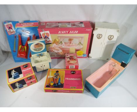 Sindy - a good lot of vintage Sindy items to include 1960s bath, wardrobe and sink unit, two 1970s rocking chair and housewor