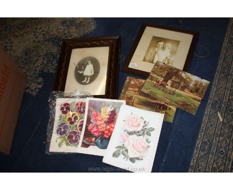 A carved framed Portrait Print of a small girl, an early wedding Print, two hunting Prints, etc.