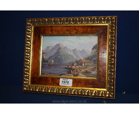 A miniature Swiss Oil on board depicting mountains and lake, signed Paul Morgan.