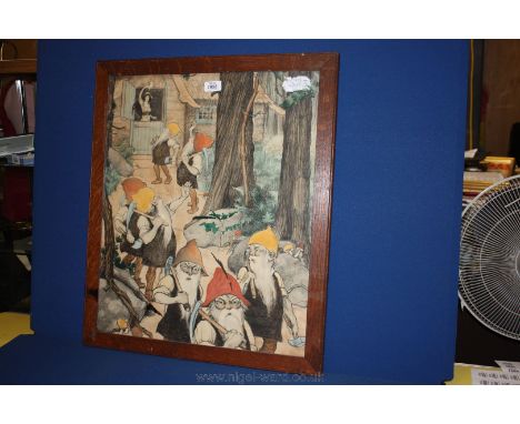 An oak framed mixed media picture depicting Snow White and the Seven Dwarfs.  19'' x 23'' 