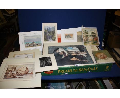 A quantity of mounted Prints and watercolours including an old man walking by Meryl Watts, Special Pleader, a Pears print of 