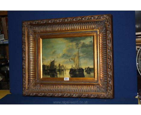 A large ornately framed Print on board of sailing barges.  Signed lower right Fandenr, 15 1/4'' x 11 1/2''