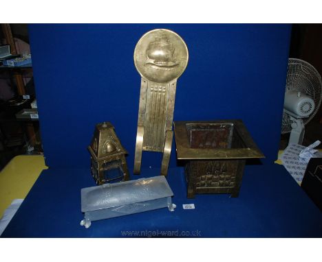 An Arts & Crafts brass Scottish planter (Voysey style) (as found), lantern and sconce (as found) and an aluminium box.