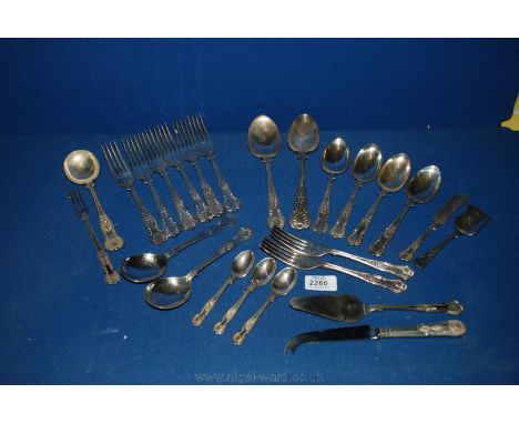A silver plated Kings pattern part set of Cutlery, Sheffield England including two each serving spoons, soup spoons and side 