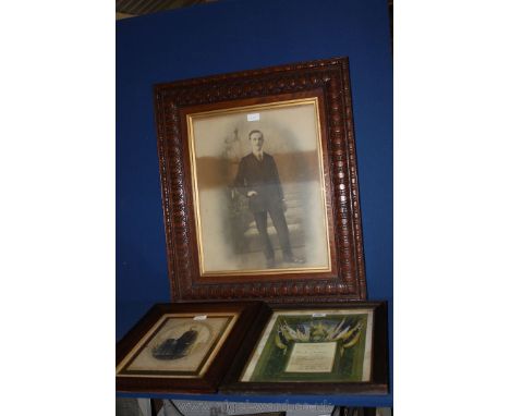 A large carved framed Print of a gent, plus a carved framed Print of a young soldier and a framed Certificate of "The Great W