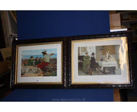 A framed Print 'The Boyhood of Raleigh' by J.E. Millais and a framed Print 'Between two Fires' by Millet, both in carved oak 