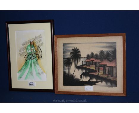 A Watercolour of an Arabian figure in full dress and a Print of Hawaiian village scene.