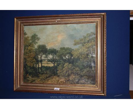 A gilt framed over painted Print of a woodland scene with gentleman sat under tree with a village in the distance, 21 1/4" x 