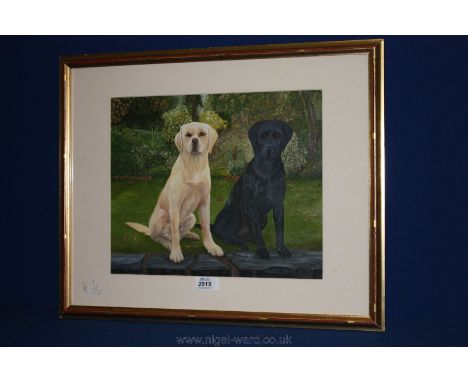 A framed and mounted Print of a Golden Labrador sat beside a Black Labrador, 14'' x 11 1/4''  -  signed Chas. E. Abbs.