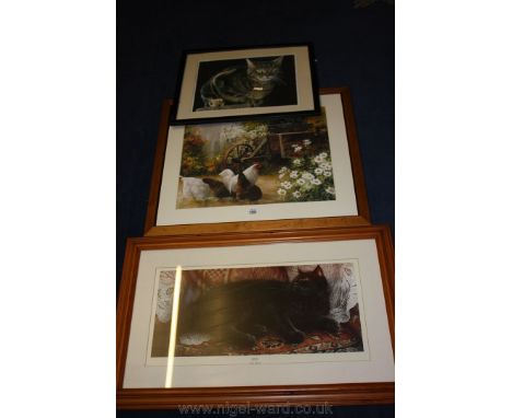 Three framed prints, one depicting chickens and a cockeral , 'Ophelia' by Sheila Tilmouth and the other a cat depicted sittin