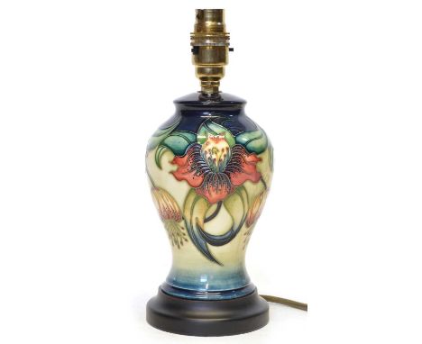 Moorcroft Anna Lily pattern lamp base Moorcroft Anna Lily pattern lamp base on grrena nd yellow graduated ground and turned w