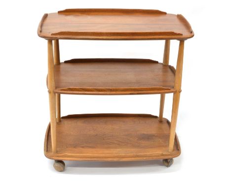 Ercol Drinks trolley Ercol model 458 beech and elm three-tier drinks trolley, each tier having a raised gallery top, on casto