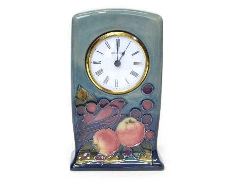 Moorcroft Finches pattern mantel clock Moorcroft mantel clock in 'Finches' pattern, with birds and fruit on a graduated blue 