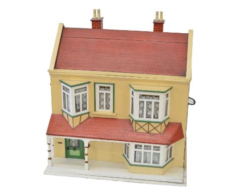Mid 20th century dolls house and furniture Mid 20th century dolls house and furniture, the house rendered in yellow with a re