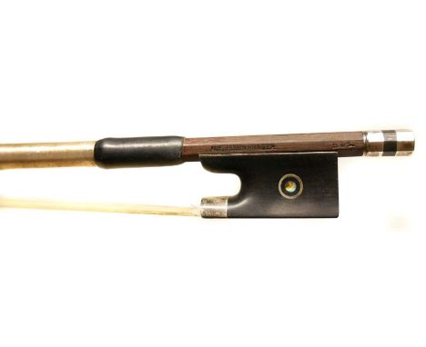 German silver mounted violin bow,  German silver mounted violin bow, stamped Aug. Edwin Prager, and B&S, the stick octagonal 