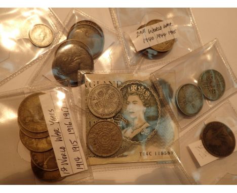 Collection of vintage British coinage including £1 note 