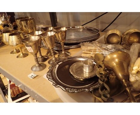 Shelf of mixed metalware to including cutlery EPNS and metal trays 