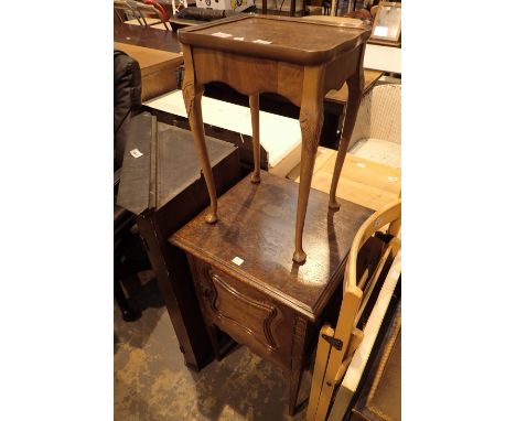 Small side table oak pot cupboard and a brass standard lamp 