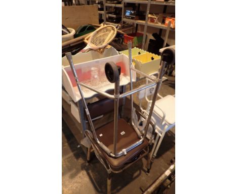 Collection of mixed tools rackets invalid walkers etc 