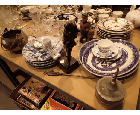 Mixed shelf of ceramics and crystal to include Delft and Spode