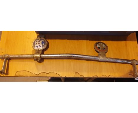 Vintage car mounting bar with RAC and St Christopher badges