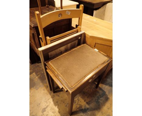 Two prints a folding chair and a piano stool 