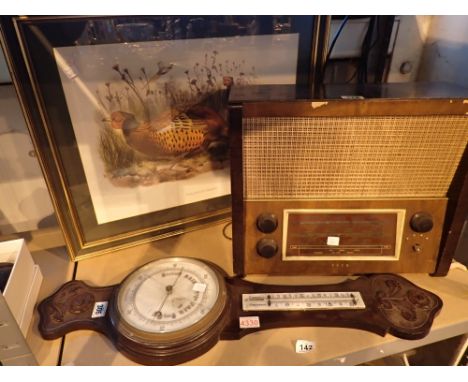 Vintage EKCO valve radio a pheasant print and a carved mahogany barometer ceramic face glass A/F 