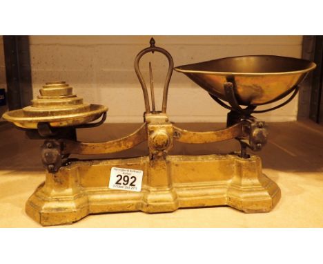 Pair of Victorian brass scales with weights by W and T Avery 