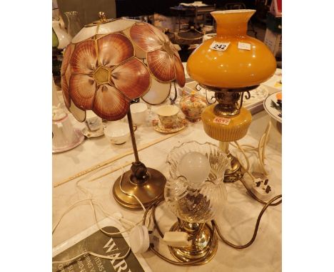 Electrified oil lamp and two further glass and brass lamps  CONDITION REPORT: All electrical items in this lot have been PAT 