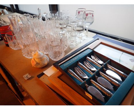 Shelf of glass box of cutlery ceramics to include a collection of prints 